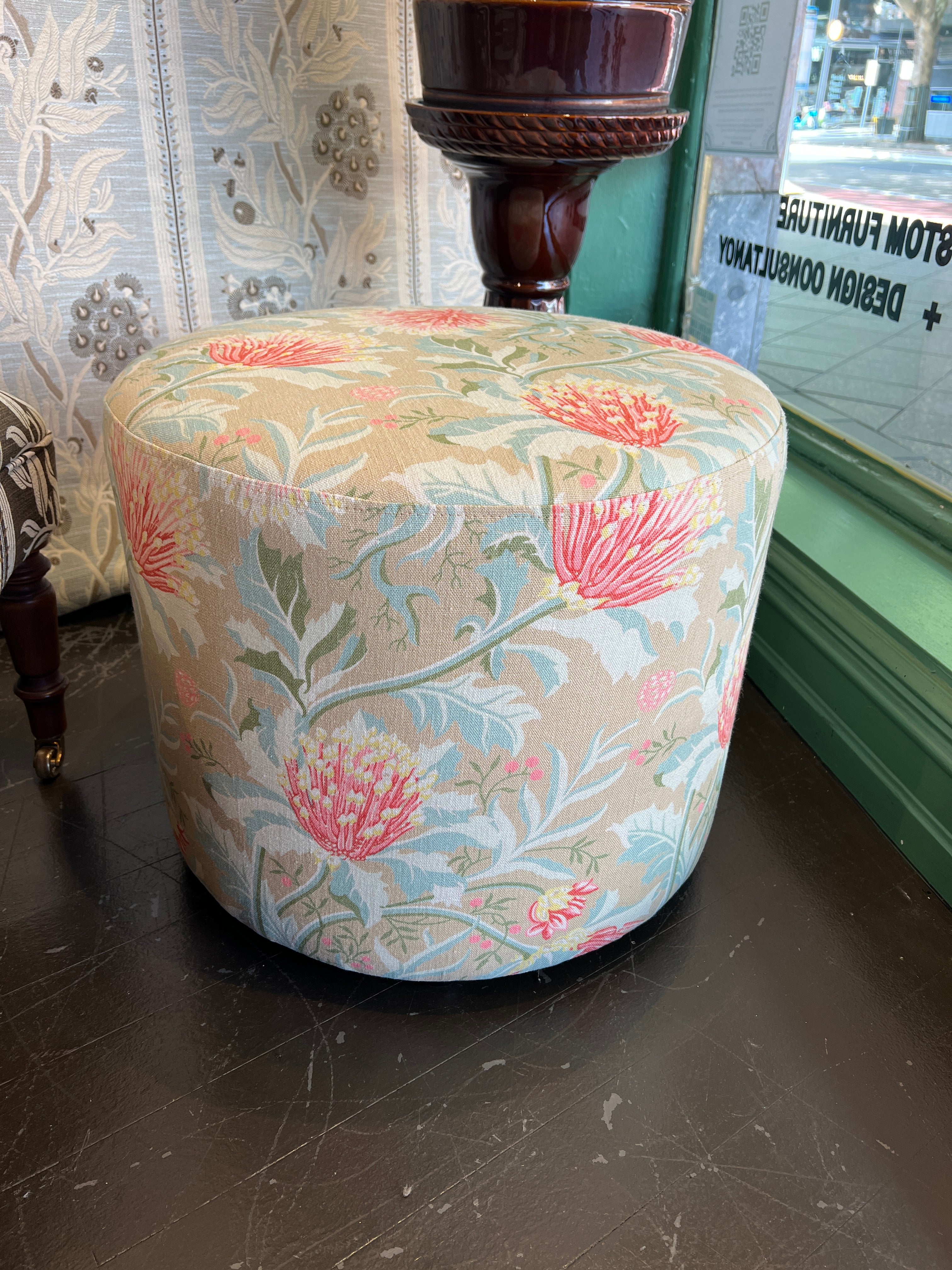 Small Round Ottoman - Matchstick Banksia Earth Linen