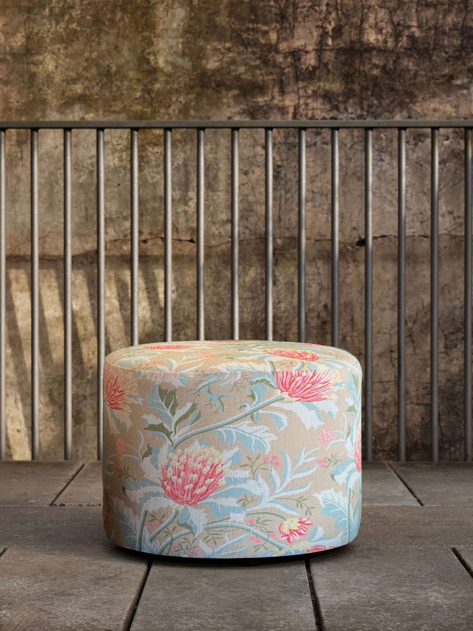 Small Round Ottoman - Matchstick Banksia Earth Linen