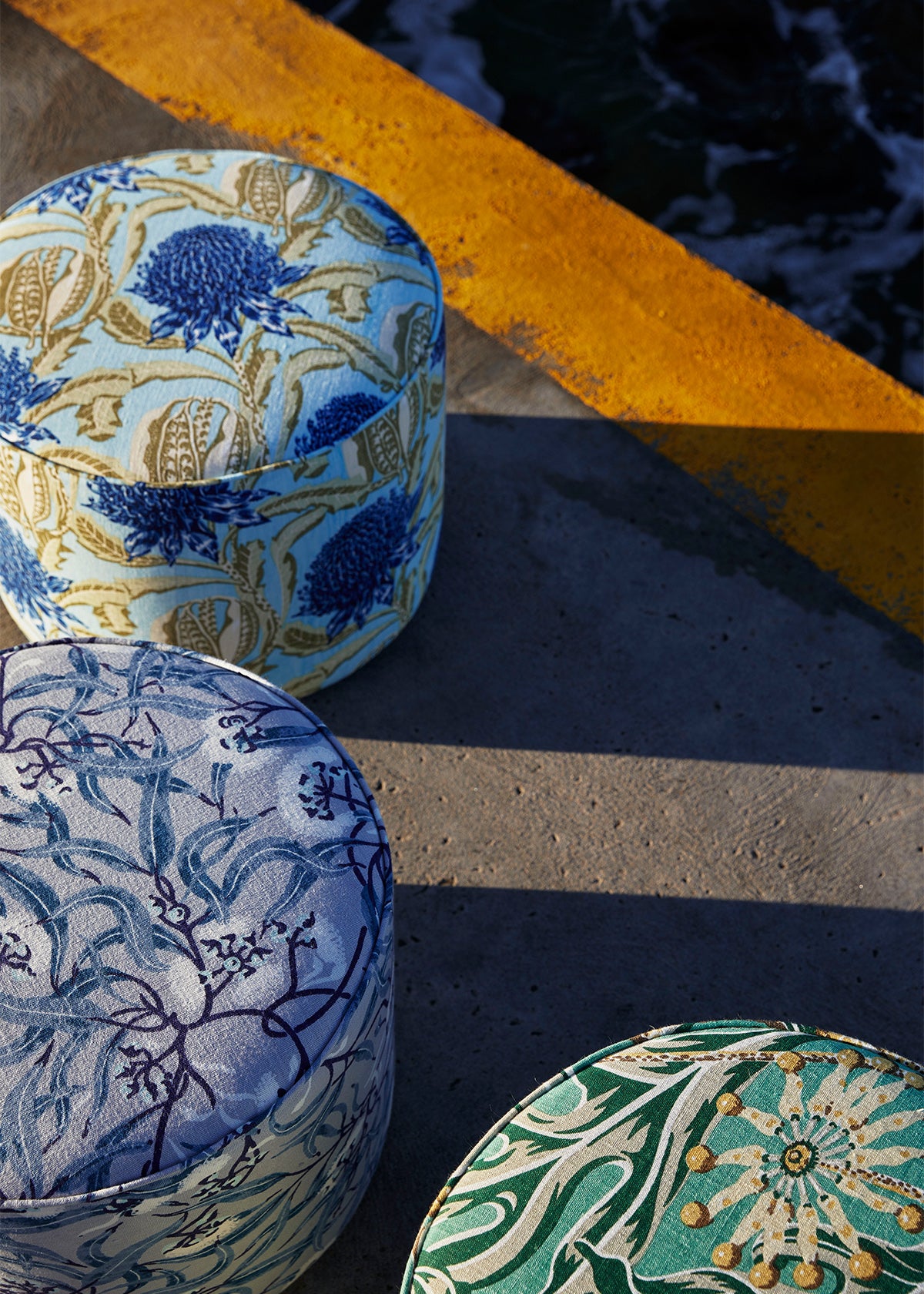 Small Round Ottoman - State of Waratah Blue Linen