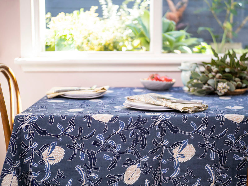 Silver Banksia Indigo Tablecloth